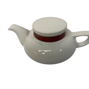 Toscony Vintage White Ceramic‎ Teapot With Red Accent Band 4" x 8.5"